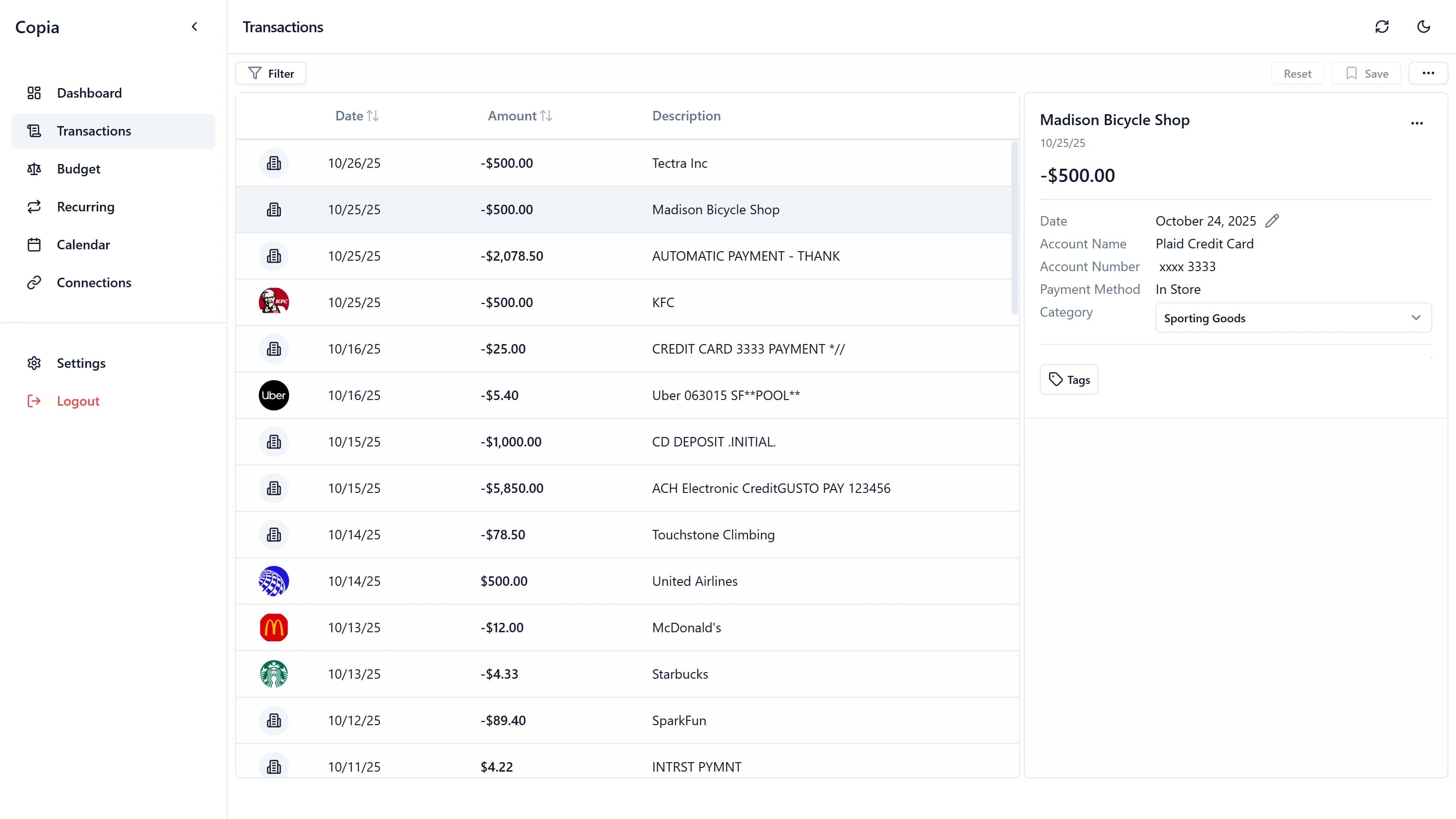 Copia transactions page screenshot