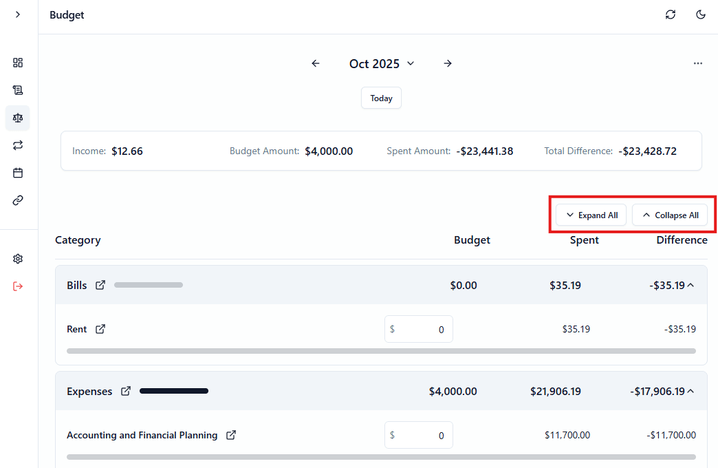 Expand and collapse budget page