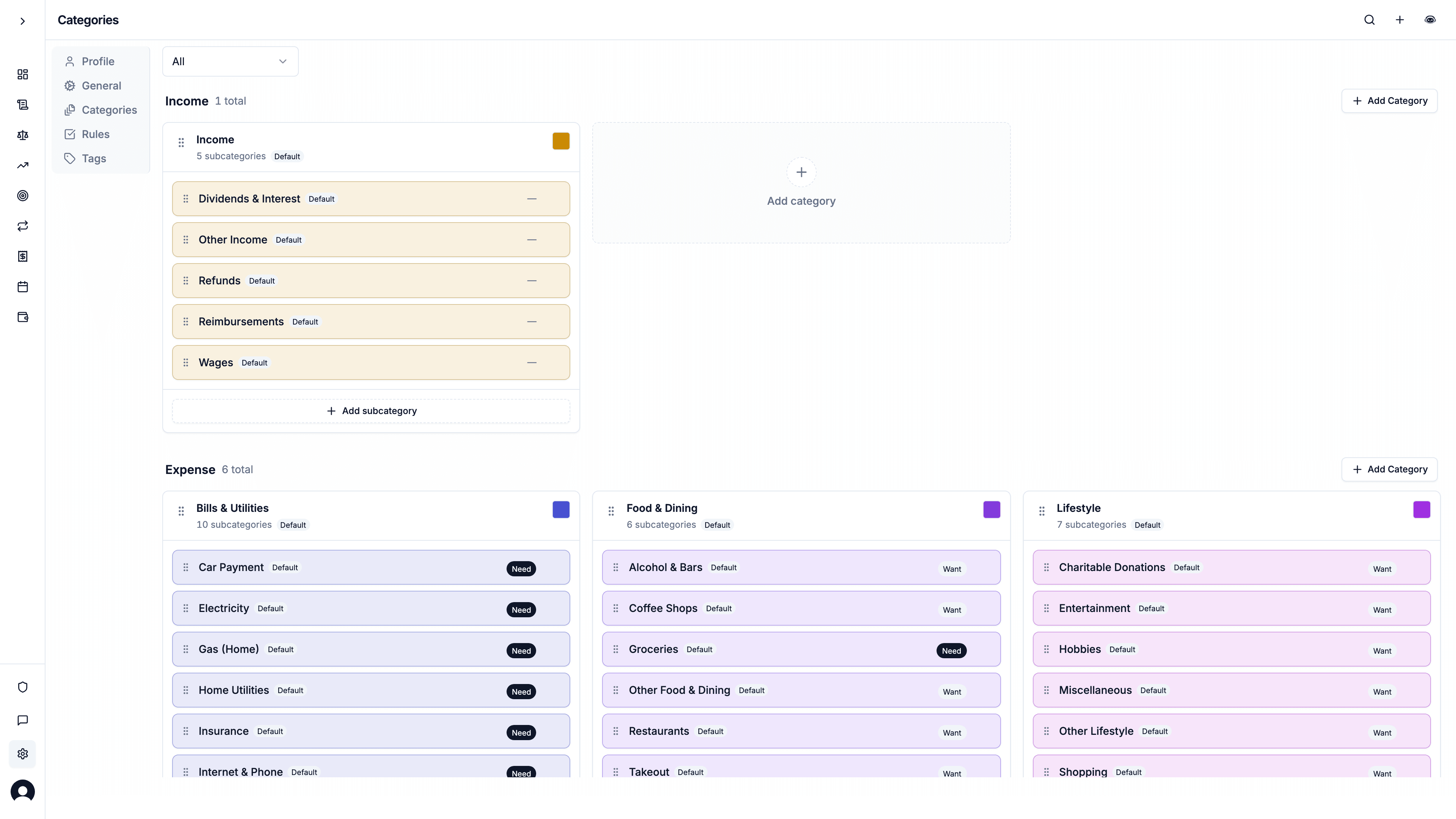 Copia category manager with custom categories and subcategories