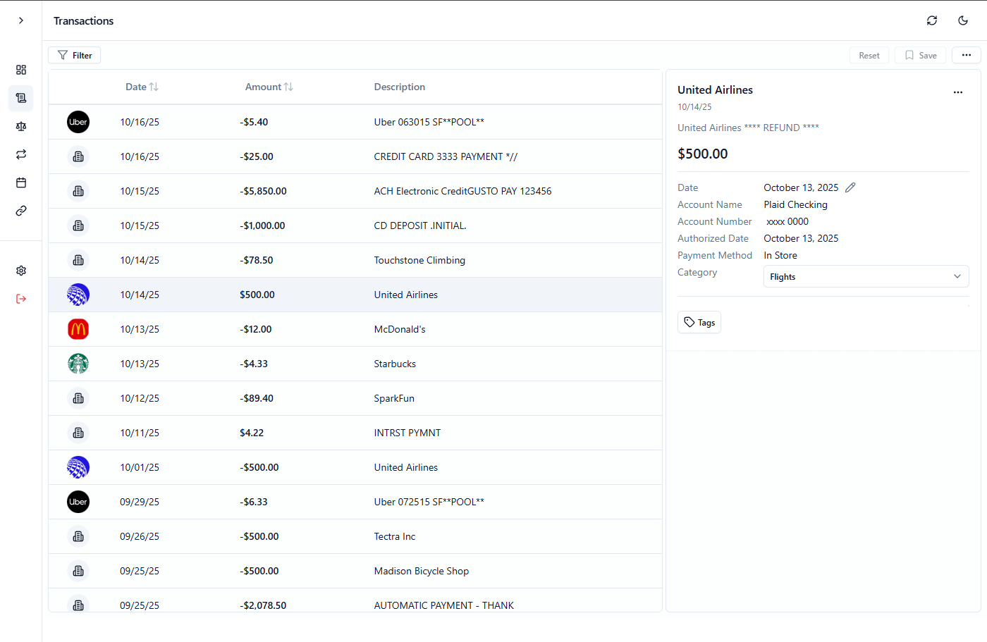 Transaction details after