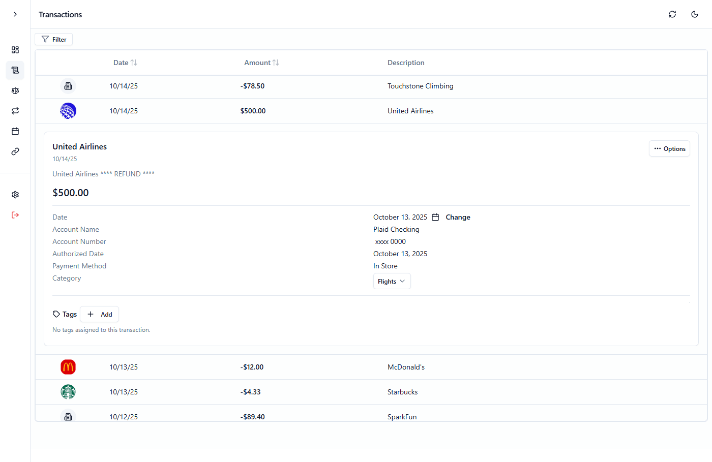 Transaction details before