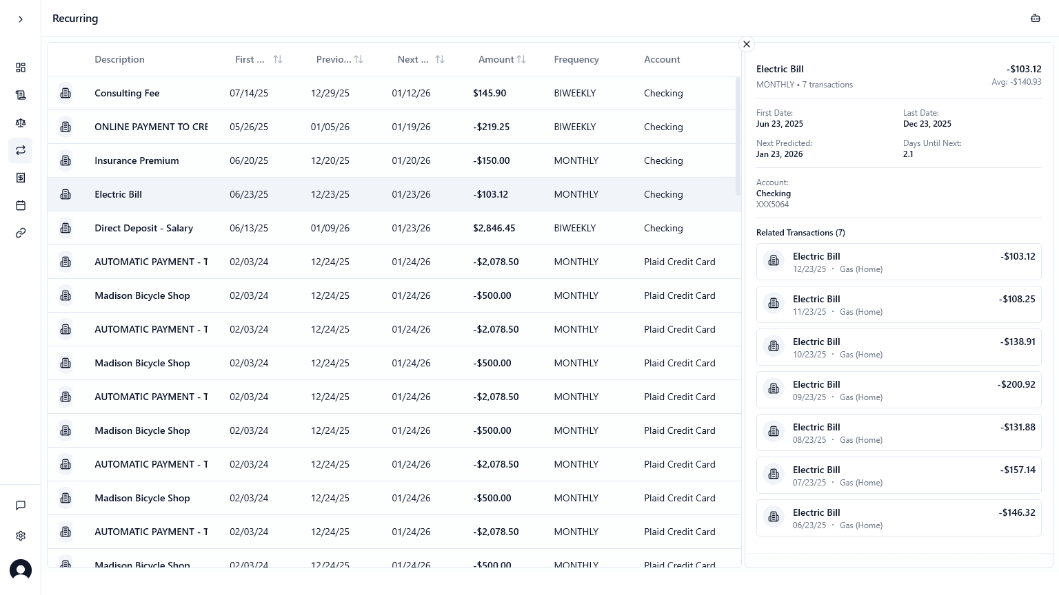 Copia recurring transactions screenshot
